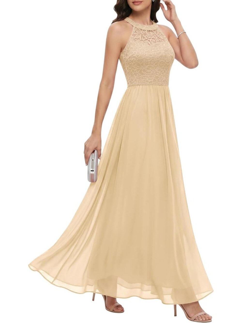 Champagne Floral Lace Halter Long Formal Prom Bridesmaid Dress Sz XS-3X